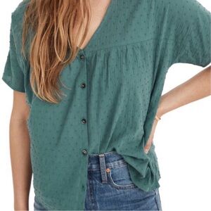 Madewell Swiss Dot V-Neck Casual Cotton Blouse In Shaded Evergreen Sz 1X